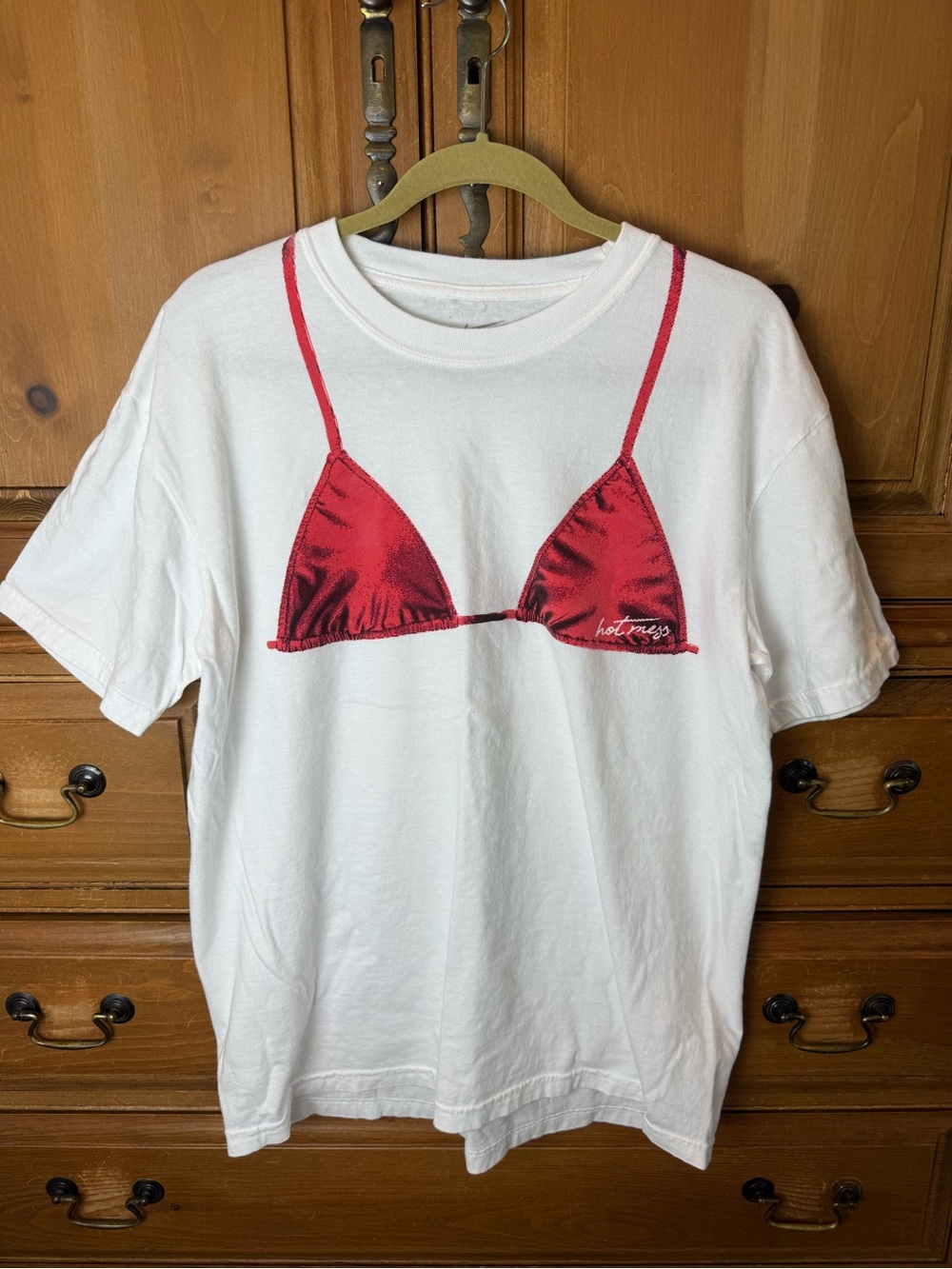 Alix Earle Hot Mess White Graphic Tee with Red Bikini Print